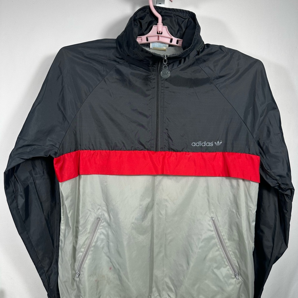 Adidas Vintage 1970s Black and Red Windbreaker Jacket